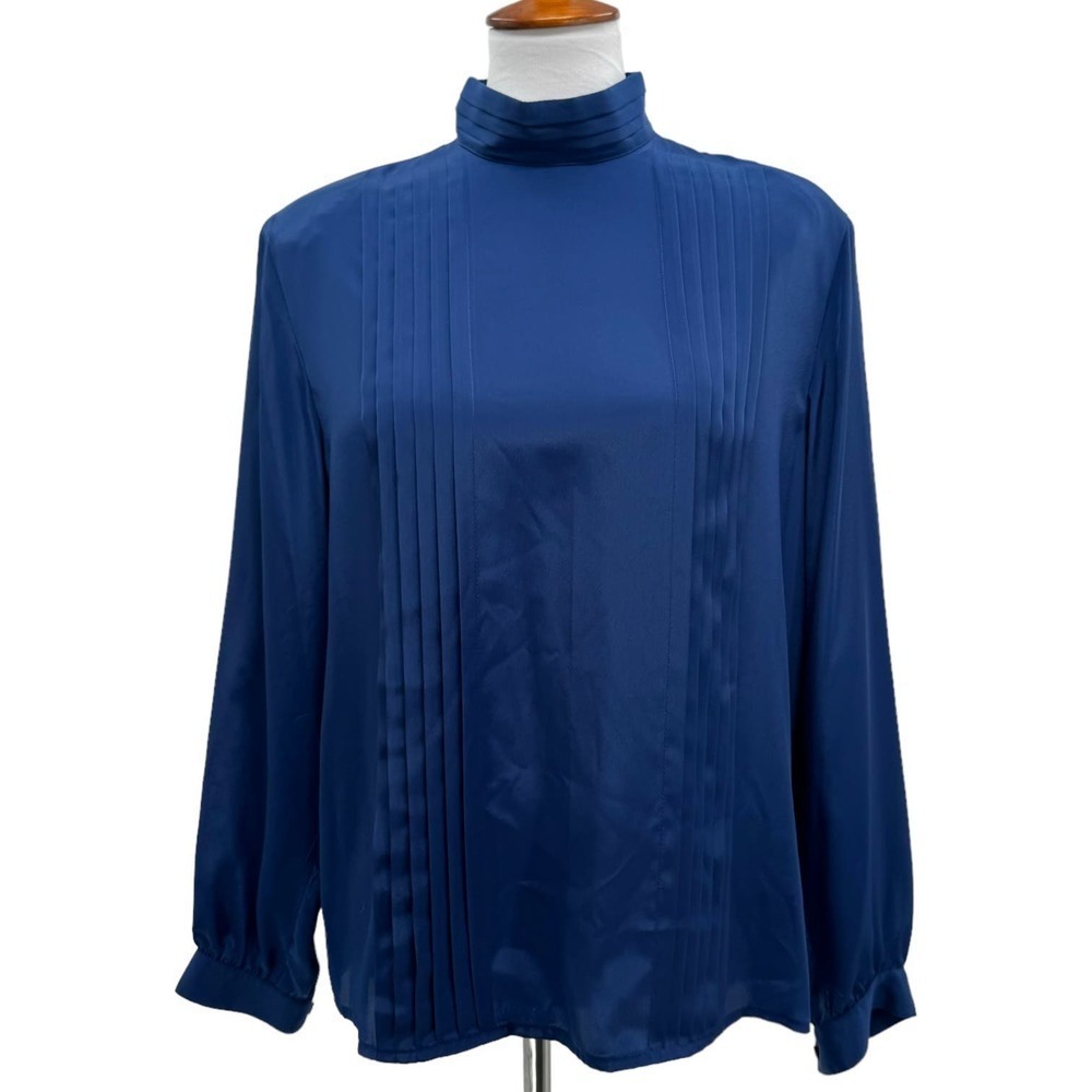 🍀Vintage Hana Sung Royal Blue Pleat Front High Neck Button Back Blouse Size 12